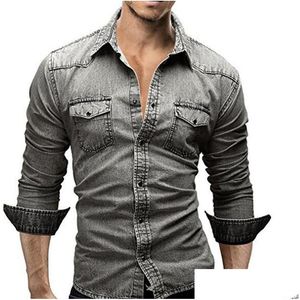 Mens Casual Shirts European American Two Pocket Long-Sleeved Denim Tops Cowboy Vintage Slim Fit Button Up Mane Clothing Drop Deliver Dhhip