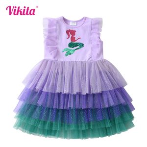 Vikita ärmellose Sommer Kids Mermaid applikierte Paillettenkleider Mädchen Lila Mesh geschichtete Tüll Tutu Kuchen Kleid L2405