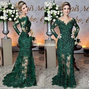 2023 Dark Green Mother of the Bride Dresses Sheer Jewel Neck Lace Applicques Långärmad sjöjungfru Formell kvällskolklänningar 311s