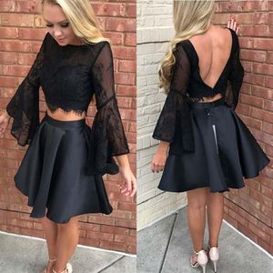 2022 Sexig svart Juliet långa ärmar Homecoming Prom Dress Short Jewel Neck Sequin Beaded Two Pieces Satin Party Graduation Cocktail Dre 302y