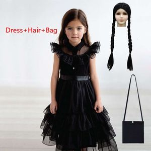 Fantasia Wandinha onsdag Addams Family Costume Girls Halloween Cosplay Dresses Gothic Wind Vestidos Kids Carnival Dress 3-9Y L2405