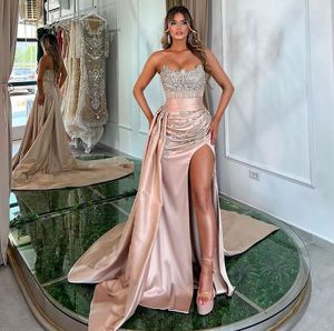 Hiah Split Prom Gowns with Skirt Mermaid Nude Sexy Strapless CRYSTAL Beaded Evening Dresses For Women Party