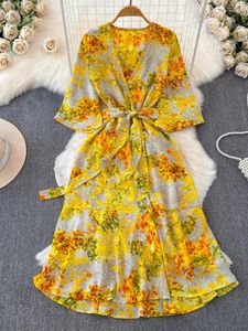 Party Dresses French V-neck Yellow Beach Floral Dress For Women Chic Summer Loose Lace-up Waist Ruffled Edge Flared Sleeves Slit Long Skirt