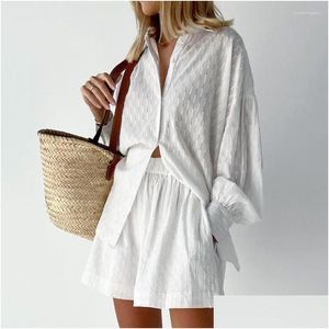 Kvinnors spårdräkter Kvinnor Vit LINEN BOMULL Singel Breasted Boho Suits Beach Summer Bohemian 2 Piece Set Outfits Drop Delivery Appar Dhrxi