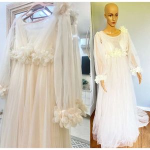 Women's Champagne Maternity Photo Shoot V-Neck Sleeves Tulle Floral Pregnant Photography Props Long Mesh Maxi Dress