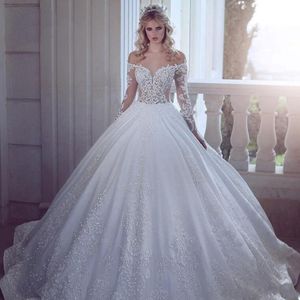 Urocze vintage liniowe sukienki ślubne 2019 Off Rameer długie rękawy Tiulowe aplikacje Koronki Dopłączone bufiaste sukienki ślubne 281L