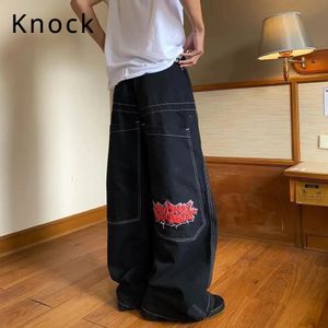 Knock Trendy High Street JNCO Embroidery Demin Jeans för män Kvinnor Hip Pop Loose Fit Wide Pants For Par Middle Rise Jeans 240517