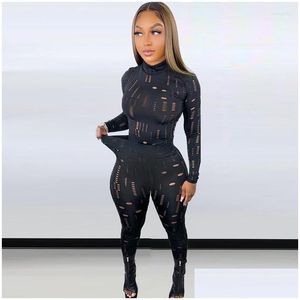 Womens Two Piece Pants Sexy Hollow Out See Through Sets Party Club Outfits For Women Long Sleeve Stand Collar Top And Festival Set D Dhxdn