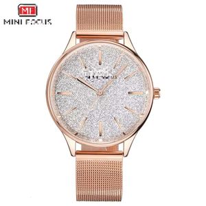 Mini Focus MF0044L Wysokiej jakości Diamond Lśniące Kobiety marka marki Ladies Watches Watch Kwarcowe zegarki z skórzanym zespołem