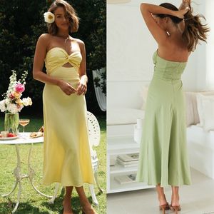 Casual Dresses Women Y2k Satin Tube Dress Abrapless Wrap Chest Hollow Out Pleated Long Summer Bohemian Cocktail Party Elegant