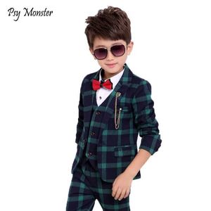 Anzüge Flower Boys formelle Schulanzüge für Hochzeiten Jungen Marke Plaid Blazer Weste Pants 3pcs Tuxedo Kids Prom Party Kleides Sets Y240516