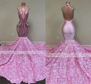Sexy Halter Neck Pink Dresses Flowers Luxury Evening For Women Lace Sequin Design Black Girl Long Formal Occasions Party Prom Gown
