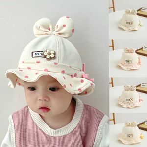 Caps Hats Korean Bow Baby Bucket Hat Dot Print Ruffled Panama Cap for Newborn Spring Autumn Cotton Infant Boy Girl Fisherman Sun Hats Y240517