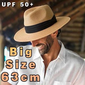 Breda randen hattar hink hattar xl Big Head 63cm Summer Beach Womens Sun Hat Mens Plus Size Jazz UV UPF 50+Sun Protection Travel Panaman Straw Hat Unisex B240516