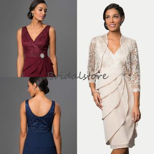 Bohemian zweiteilige Mutter der Braut Kleider Knie Länge Chiffon Rüschen Abendkleider mit Boleros Jacken billige Bräutigam Mutter Outfit 253z