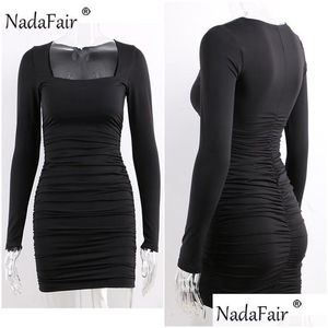 Urban Sexy Dresses Nadafair Casual Long Sleeve Black White Red Dress Women Square Collar Ruched Y Club Autumn Winter Mini Party Bodyco Dhyjc