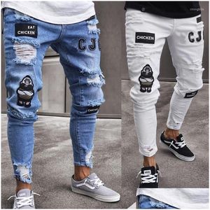 Herren Jeans Männer dehnbar zerrissene dünne Biker Stickerei Drucken zerstört Loch Geklagte Schlanke Fit Denim kratzten hochwertige Jean Drop de Dhhpx