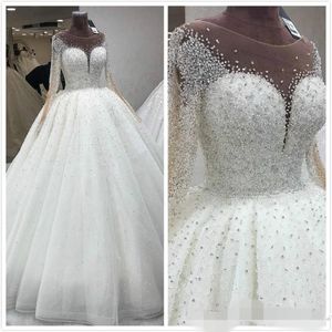 Luxury Beaded Ballgown Wedding Dresses Long Sleeves Scoop Neck Sequins Floor Length Tulle Custom Made Wedding Gown vestido de novia 209s