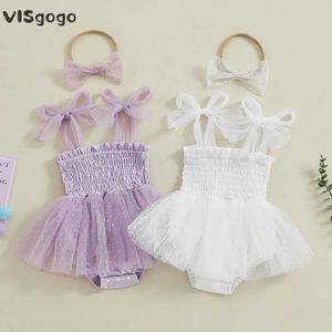 Rompers Visgogo Baby Girl Jescuit 2PCS Set Set Set BEEVELESS Krawat Paling Scossuit z uroczymi ubraniami dla niemowląt na głowie D240516