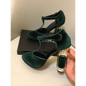 Kobiety panie 2024 Prawdziwa prawdziwa skórzana sukienka Rhinestone Chuckly High Heels Sandały Sandały Letnie okrągłe palce ślubne Seksowna klamra Solid Mary Jane T Tie FCB2