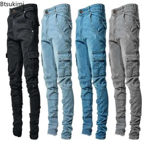 Men's Jeans Fashion Denim Cargo Pants Multi-pockets Design Solid Slim Men Street Elastic Cowboy Trousers Daily Wear Joggers