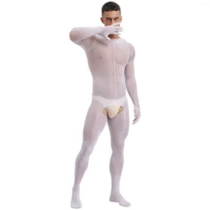 Erkek Çoraplar Erotik Erkekler Parlak Görüş-Şeffaf See-Through Tam Body Bodysuit İç çamaşırı Uzun Kollu Açık Kasık Vücut Stoks Tulum Unitard Nightwear