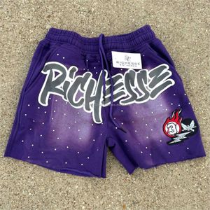 Custom Mens Shorts Puff Printed Shorts For Street Wear 100% Cotton High Quality Edge Cropped Acid Washed Rhinestone Shorts Men