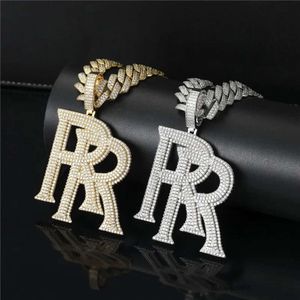 Новое мужское ожерелье хип -хоп двойное r буква буквы подвеска кубики кубики циркона золото сережны мужские ювелирные изделия