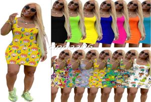 Summer Women Cartoon Print Dresses Plus Size Sexig mini kjolar ärmlös bodycon klänning mode av hög kvalitet mager klubbkläder casual4589930
