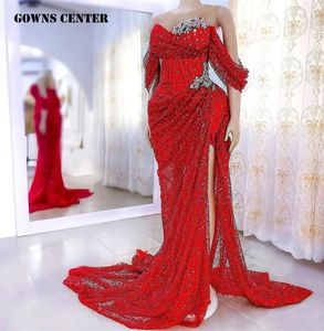 Festklänningar illusion röd slits aso ebi kväll afrikansk formell för kvinnor 2024 elegant klänning från axeln bröllopsklänningar