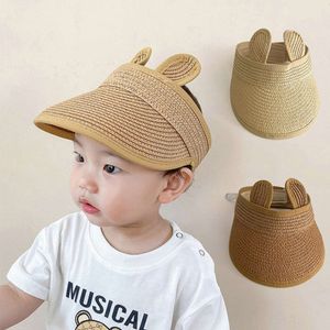 Cartoon Empty Top Straw Hat Baby Summer Wide Brim Sun Protection Cap with Ears Outdoor Anti-UV Kids Boy Girl Visor Caps L2405
