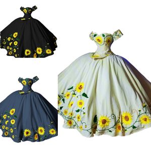 Vintage Sunflowers Embroidered Quinceanera Dresses Charro Mexican Style Off The Shoulder Big Bow Corset Sweet 16 Dress Ball Gown Puffy 234N
