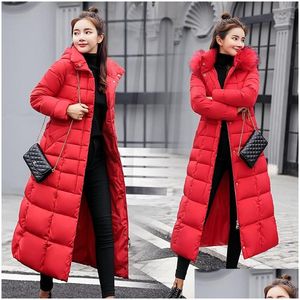 Womens Down Parkas Cotton Solid Fl Tasches Zippers Female Coat Long Slim Parka Paffone Giacca inverno Spesso a vento a vento Drop Dhy3B DHY3B