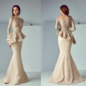 Champagne Mermaid Evening Dresses Sheer Neck Peplum Lace Satin Long Sleeve Dubai Arabic Formal Prom Dress Mother Of The Bride Dress 230q