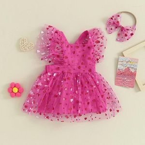 Rompers Infant Baby Girls Summer Romper Dress Flying Sleeve Heart Print Mesh With Headband Valentines Day Outfit