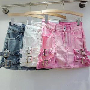 Юбки 2024 Лето -стиль розовая девочка лента джинсовая юбка женская высокая талия на растяжение