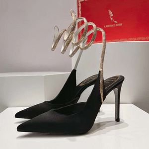 Rene Caovilla 여성 하이힐 디자이너 샌들 패션 캐주얼 드레스 신발 특허 가죽 뱀 발목 스트랩 파티 2024