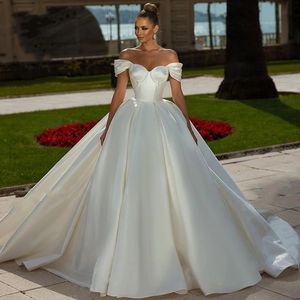 New Off the Shoulder Wedding Dress 2024 Satin Sweetheart Beaded Court Train Princess Bride Formal Gown Vestido de Noiva Customed