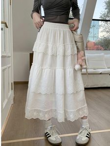 Skirts White Black Midi Long Skirt Women A-Line 2024 Goth Lolita Spring Summer High Waisted Low Ruched Ruffle Rok