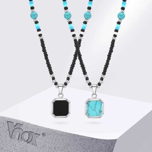 Pendant Necklaces Vnox Boho mens necklace geometric square natural stone pendant adjustable blue bead chain ethnic and tribal necklace J240516