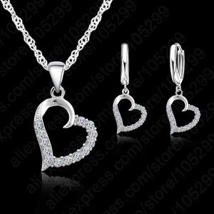 Wedding Jewelry Sets Birthday and Valentines Day Gift Cubic Zircon Heart shaped Pendant Set 925 Sterling Silver Necklace Earrings Womens