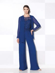 Suits Elegant Royal Blue Sequined Mother of the Bride Pant Suit with Long Sleeve Jacket Formal Jewel Neck TwoPiece Set for Weddings