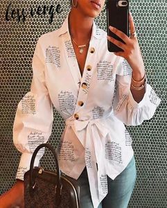 lessverge Casual letter bow white blouse shirt Women lantern sleeve tops blusas mujer Office lady autumn winter peplum lady top3826717