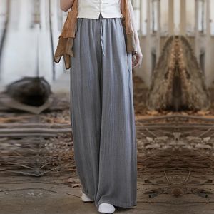 Elegant Womens Cotton Linen Baggy Cargo Pants Vintage Elastic midja Yoga byxor Lossa avslappnade långa breda ben överdimensionerade kläder 240517