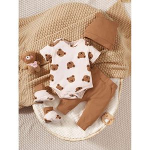 4PCS Clothing Set 0-9 Months Newborn Boy Bear Short Sleeve Romper+Pants+Hat+Sock Infant Baby Full Moon Photography Outfits L2405