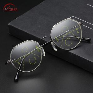 Solglasögon Scober Retro Fashion Polygon Frame Intelligence Progressiv multifokal kommersiella läsglasögon Bifokal 1 1 5 2 till 4 301T
