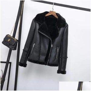 Womens Leather Faux Pu Lamb Jacket Women Shearling Sheepskin Coats Thick Warm Winter Black Motorcycle Female Overcoat Drop Delivery Dh72M