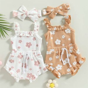 新生児の女の子の夏の服セット花柄のプリントフリルノースリーブワッフルロンパースボディスーツ+ドローストリングショーツ3cps衣装l2405