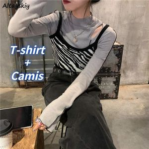 Work Dresses Women Sets 2 Pieces Designers Hollow Out Sexy Slim T-shirts Knitted Zebra Camisole Streetwear Trendy Chic Preppy BF Female