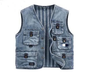 Men039s Vests Mens Cargo Denim Vest Multi Pockets Sleeveless Jacket Fashion Washed Jeans Waistcoats For Male4897770